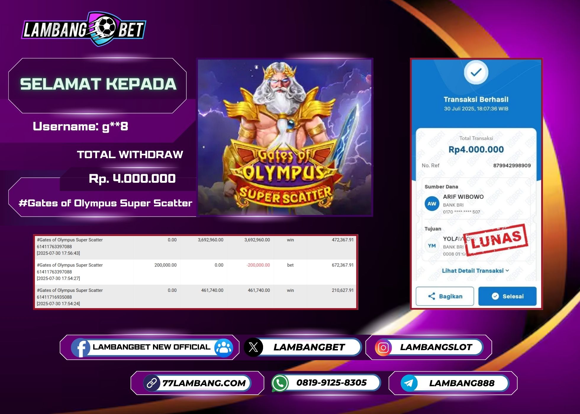 LAMBANGBET [30 JULY 2025] JACKPOT SLOT Gates of Olympus Super Scatter "Rp4.000.000" LUNAS